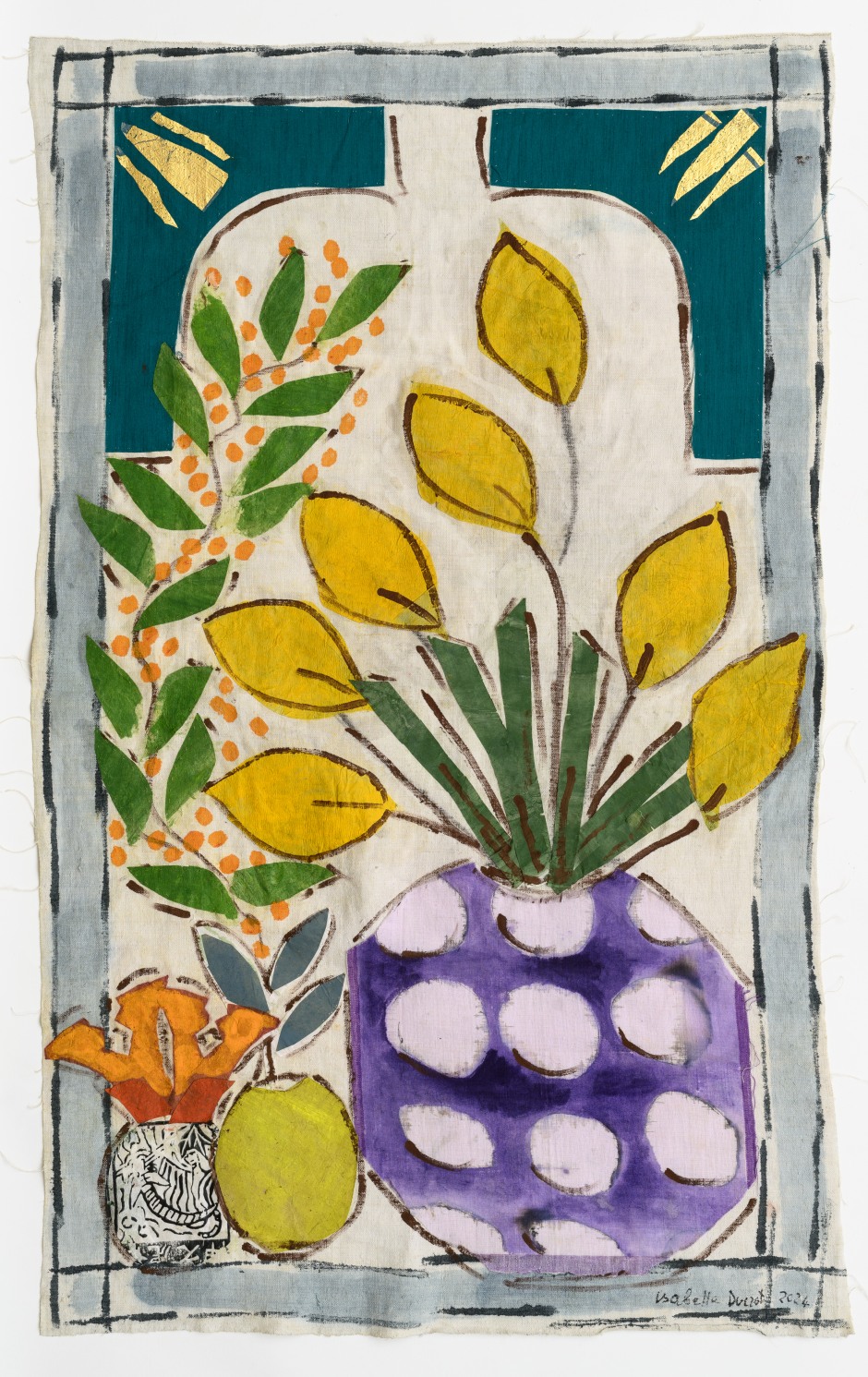 Isabella Ducrot  Surprise XIV, 2024  pigments, paper, collage, fabrics and China ink on textile  107 x 67 cm / 42 ⅛ x 26 ⅜ in  © Isabella Ducrot, courtesy of the artist and Sadie Coles HQ, London.  Photo: Georgio Benni