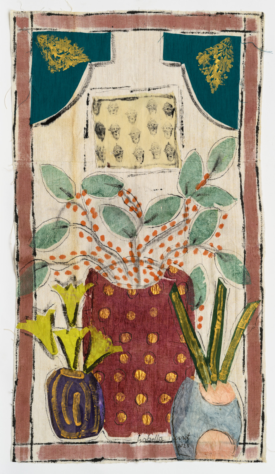 Isabella Ducrot  Surprise XV, 2023  pigments, paper, collage, fabrics and China ink on textile  108 x 61 cm / 42 ½ x 24 in  © Isabella Ducrot, courtesy of the artist and Sadie Coles HQ, London.  Photo: Georgio Benni