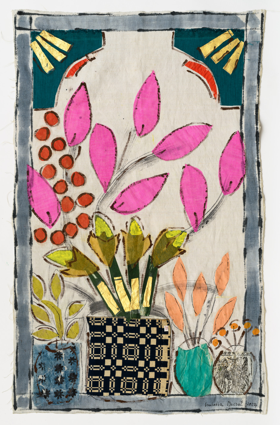 Isabella Ducrot  Surprise XVI, 2024  pigments, paper, collage, fabrics and China ink on textile  108 x 69 cm / 42 ½ x 27 ⅛ in  © Isabella Ducrot, courtesy of the artist and Sadie Coles HQ, London.  Photo: Georgio Benni
