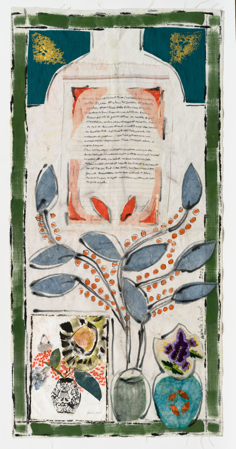 Isabella Ducrot  Surprise XVII, 2024  pigments, paper, collage, fabrics and China ink on textile  133 x 66 cm / 52 ⅜ x 26 in  © Isabella Ducrot, courtesy of the artist and Sadie Coles HQ, London.  Photo: Georgio Benni