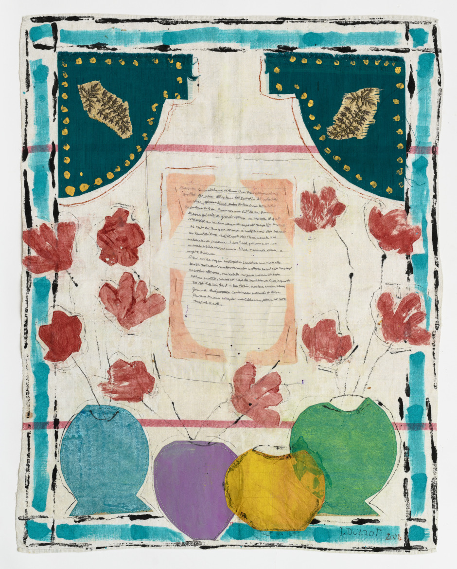 Isabella Ducrot  Surprise XVIII, 2024  pigments, paper, collage, fabrics and China ink on textile  83 x 65 cm / 32 ⅝ x 25 ⅝ in  © Isabella Ducrot, courtesy of the artist and Sadie Coles HQ, London.  Photo: Georgio Benni