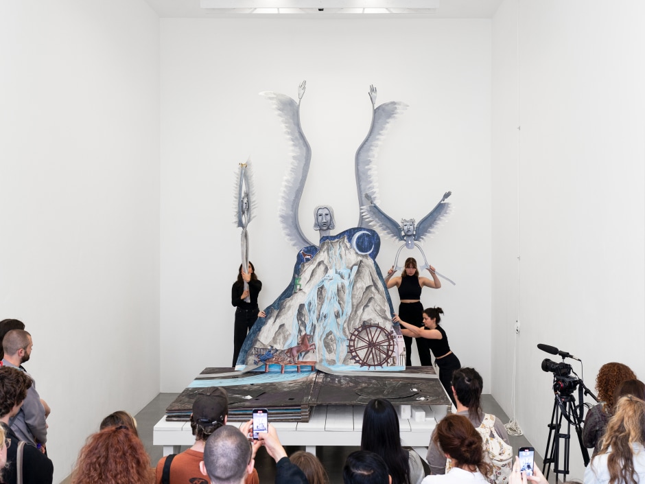 Performance view, Agnes Scherer and Tobias Textor, Woe and Awe, Sadie Coles HQ, Davies Street, 26 June 2024  © Agnes Scherer. Courtesy of the Artist and Sadie Coles HQ, London.  Photo: Arthur Gray