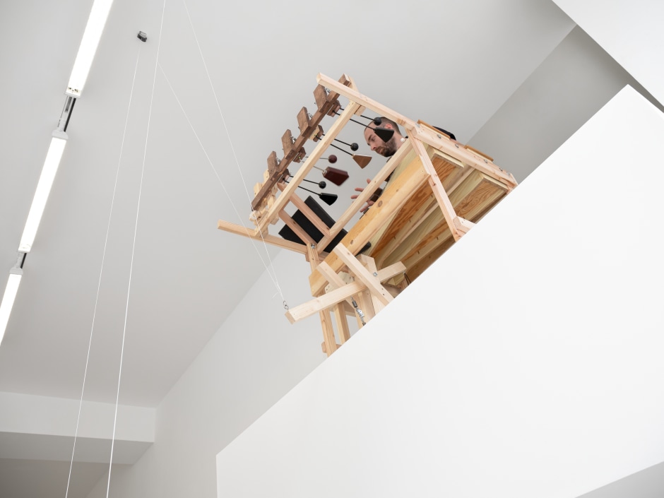 Performance view, Agnes Scherer and Tobias Textor, Woe and Awe, Sadie Coles HQ, Davies Street, 26 June 2024  © Agnes Scherer. Courtesy of the Artist and Sadie Coles HQ, London.  Photo: Arthur Gray