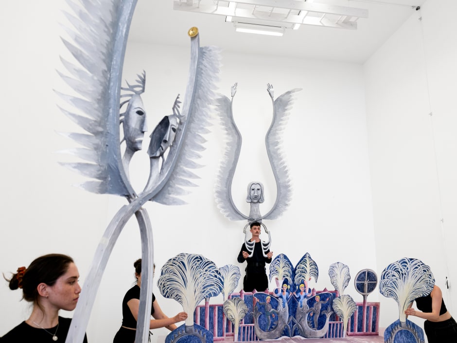 Performance view, Agnes Scherer and Tobias Textor, Woe and Awe, Sadie Coles HQ, Davies Street, 26 June 2024  © Agnes Scherer. Courtesy of the Artist and Sadie Coles HQ, London.  Photo: Arthur Gray