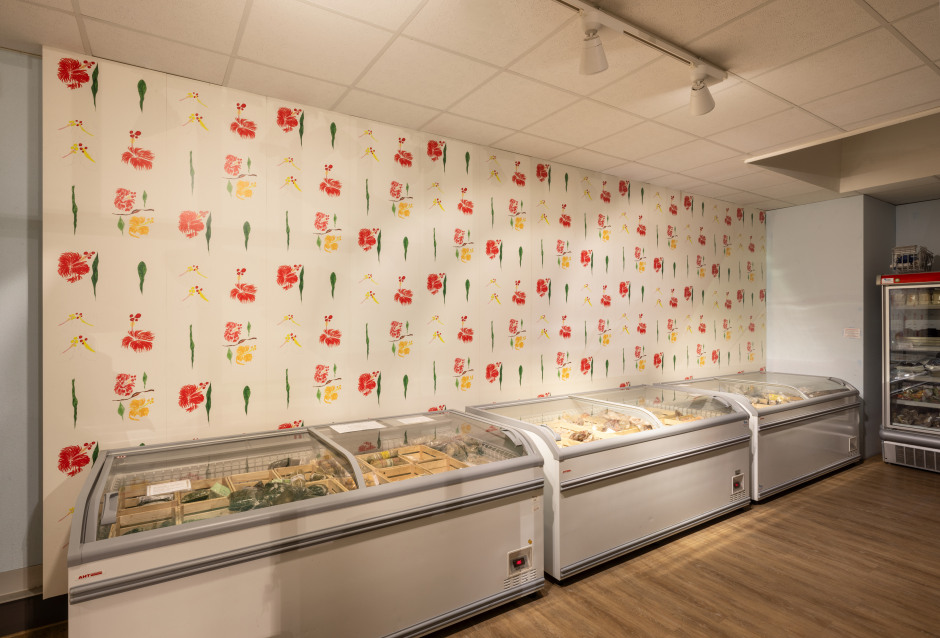 Installation view, Alvaro Barrington, COME HOME, Parcours, Art Basel, Tropical Zone, Clarastrasse 30, Basel, 10 - 16 June 2024  © Alvaro Barrington. Courtesy the Artist; Sadie Coles HQ, London; Thaddaeus Ropac gallery; and MASSIMODECARLO.  Photo: Robert Glowacki