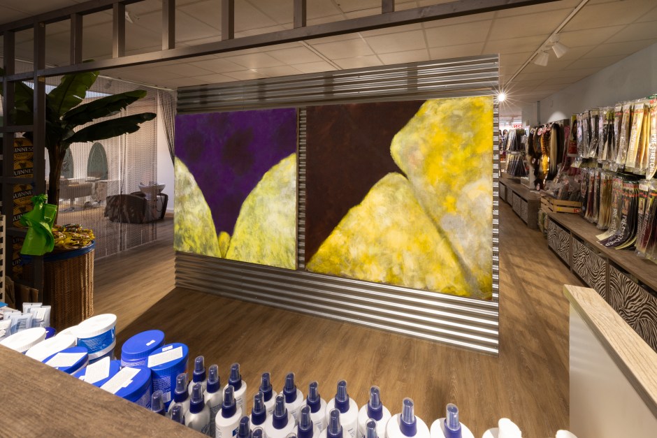 Installation view, Alvaro Barrington, COME HOME, Parcours, Art Basel, Tropical Zone, Clarastrasse 30, Basel, 10 - 16 June 2024  © Alvaro Barrington. Courtesy the Artist; Sadie Coles HQ, London; Thaddaeus Ropac gallery; and MASSIMODECARLO.  Photo: Robert Glowacki