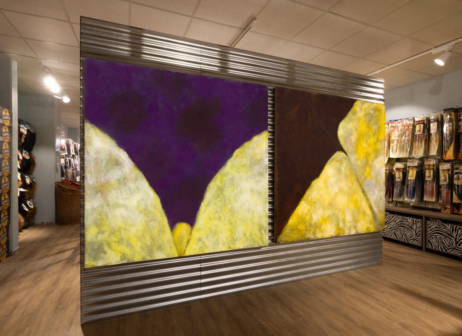 Installation view, Alvaro Barrington, COME HOME, Parcours, Art Basel, Tropical Zone, Clarastrasse 30, Basel, 10 - 16 June 2024  © Alvaro Barrington. Courtesy the Artist; Sadie Coles HQ, London; Thaddaeus Ropac gallery; and MASSIMODECARLO.  Photo: Robert Glowacki