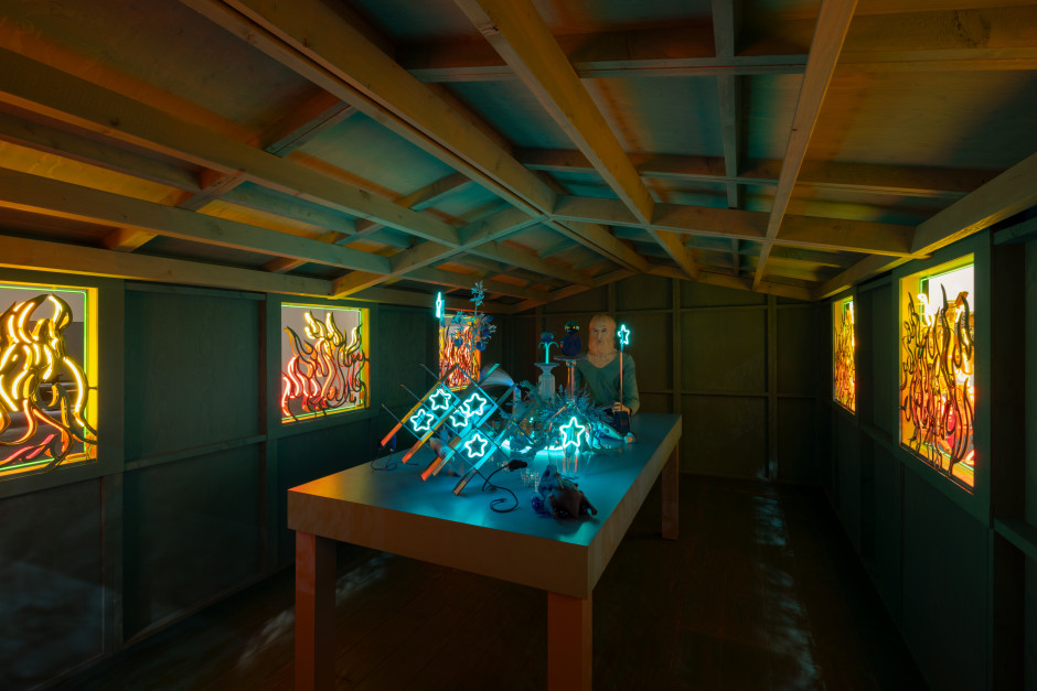 Installation view, Alex Da Corte, Hell Hole, Art Basel, Unlimited, 13 - 16 June 2024  © Alex Da Corte. Courtesy the Artist and Sadie Coles HQ, London.  Photo: Andrea Rossetti