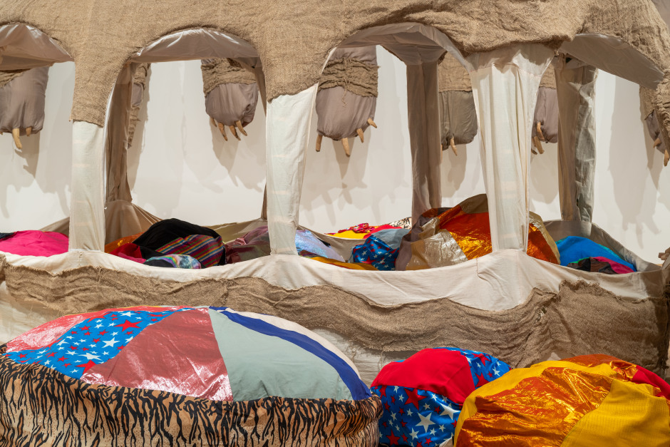 Installation view, Monster Chetwynd, A Tax Haven Run By Women as part of Performer and Participant, Tate Modern, London, 24 May 2024 - 18 May 2025  © Monster Chetwynd. Courtesy the Artist and Sadie Coles HQ, London.  Photo: © Tate / Lucy Dawkins