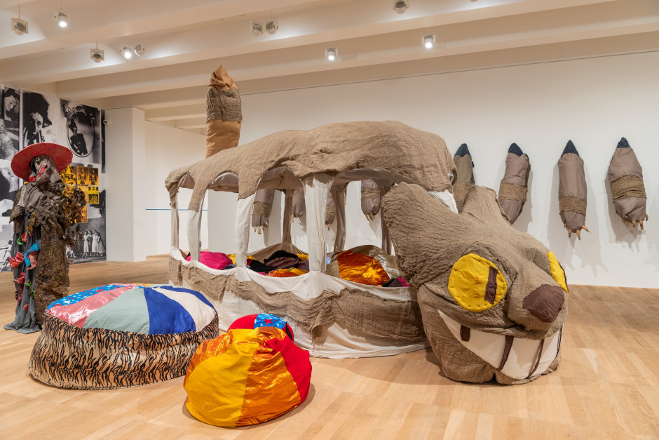 Installation view, Monster Chetwynd, A Tax Haven Run By Women, Performer and Participant, Tate Modern, London, 24 May 2024 - 18 May 2025  © Monster Chetwynd. Courtesy the Artist and Sadie Coles HQ, London.  Photo: © Tate / Lucy Dawkins