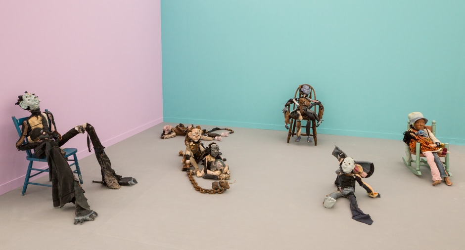 Installation view, (left to right) Dainty the mermaid, 2018, Boom bang (shiny girl), 2018 and Baby bublebee (for the betterment of all of us please remember your smallness), 2018, Earnest Lewis King, 2017-2018, 'friendliness and whisperers', 2018, Unity (Negros Historical Information Systems in Every Dark Corner), 2018, and Untitled (play dumb to catch wise), 2017  © Tau Lewis. Courtesy of the Artist.