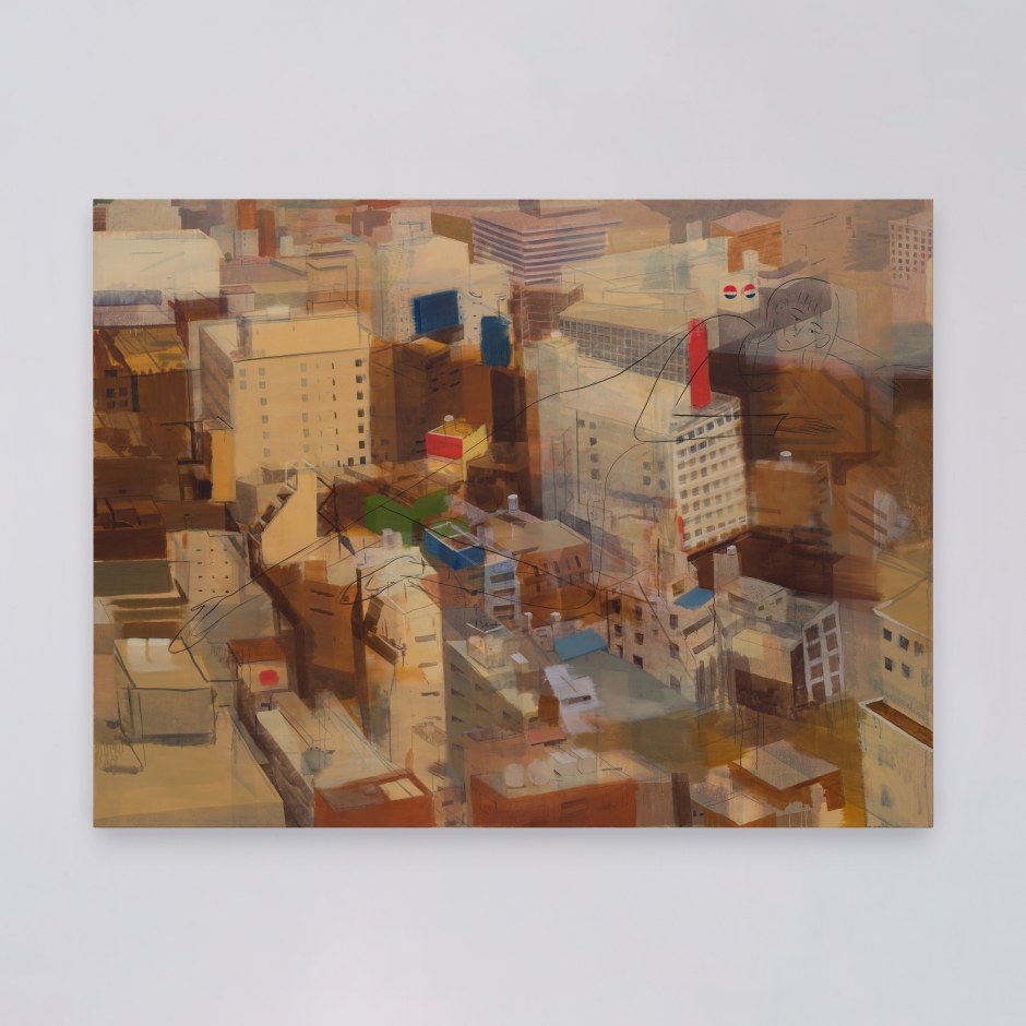 Yu Nishimura  cityscape, 2024  oil on canvas  194 x 259.2 x 4 cm / 76 ⅜ x 102 x 1 ⅝ in  © Yu Nishimura. Courtesy the Artist, Sadie Coles HQ, London and Crèvecoeur, Paris.  Photo: Kei Okano