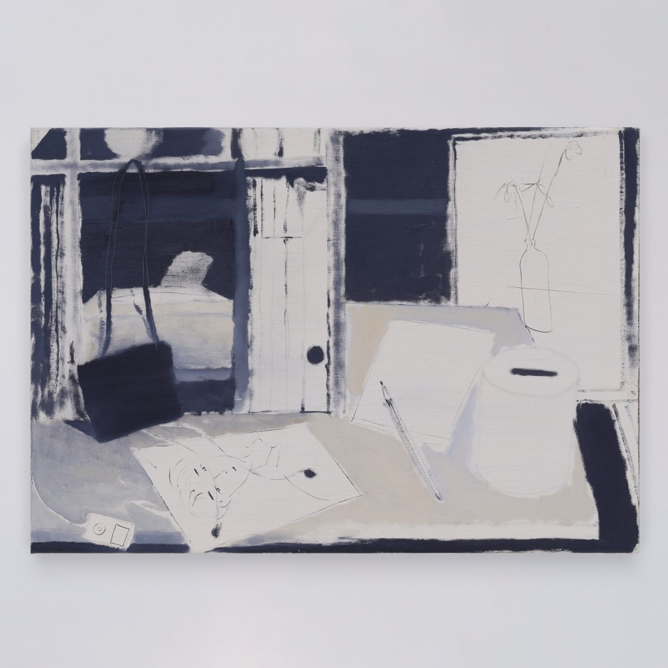 Yu Nishimura  desk, 2022  oil on canvas  45.7 x 65.2 x 2.3 cm; 18 x 25 ⅝ x ⅞ in.  © Yu Nishimura. Courtesy the Artist, Sadie Coles HQ, London and Crèvecoeur, Paris.  Photo: Kei Okano