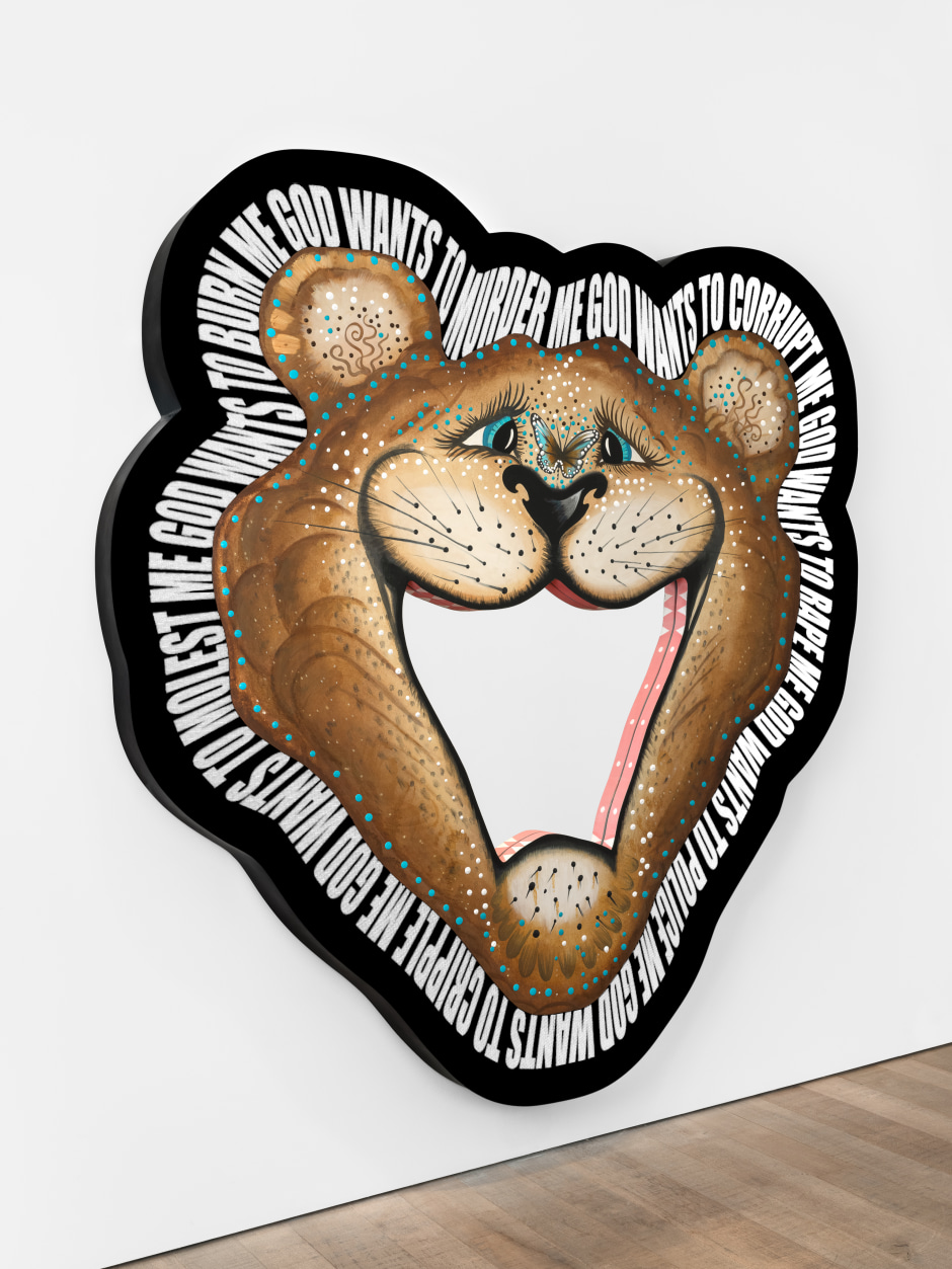 Jordan Wolfson  Mirror and Bear, 2024  paint on MDF, steel, mirror, LED tile screen  237 x 221 x 14.2 cm / 93 ¼ x 87 x 5 ⅝ in.  © Jordan Wolfson. Courtesy of the Artist and Sadie Coles HQ, London.  Photo: Katie Morrison