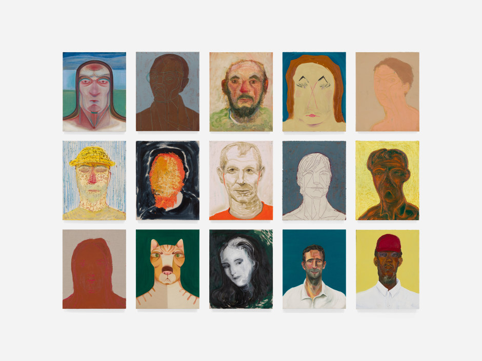 Group Portrait (top row, left to right) Bengt Ekerot, Jadine Collingwood, Sheldon Eisenman, Ginger, Almost Me (middle row, left to right) Yellow Hatted, Cover Girl, Charlie Atlas, Sadie Coles, David Rattray (bottom row, left to right) Ginger II, Edie the Destroyer, Ambera Wellman, David Velasco, Pope.L, 2023-2024  oil on linen and canvas  15 paintings Each: 50.8 x 40.6 x 2.7 cm / 20 x 16 in Overall: 158.4 x 215 x 2.7 cm; 62 ⅜ x 84 ⅝ x 1 in.