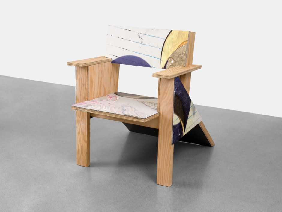 Wrecked Notebook, 2024  Signed and dated under seat  Douglas Fir, mixed media on aluminium  86.5 x 70 x 89 cm / 34 x 27 ½ x 35 in