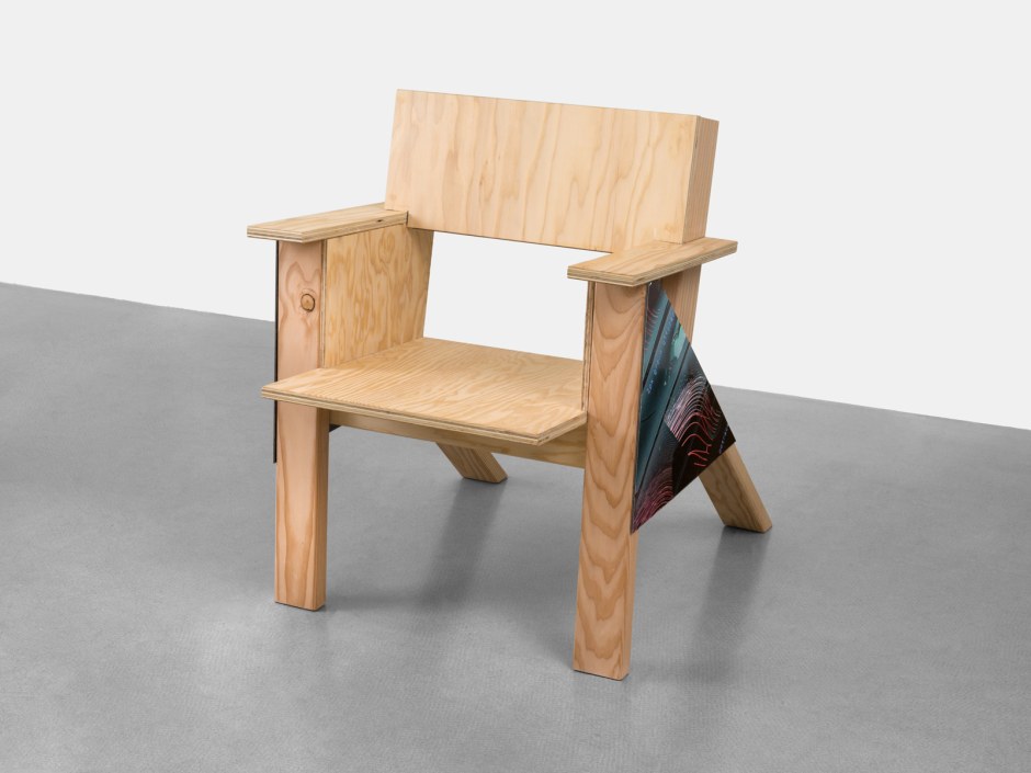 Busted Vectors, 2024  Signed and dated under seat  Douglas Fir, mixed media on aluminium  86.5 x 70 x 89 cm / 34 x 27 ½ x 35 in