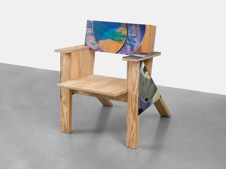 Failed Painting, 2024  Signed and dated under seat  Douglas Fir, mixed media on aluminium  86.5 x 70 x 89 cm / 34 x 27 ½ x 35 in