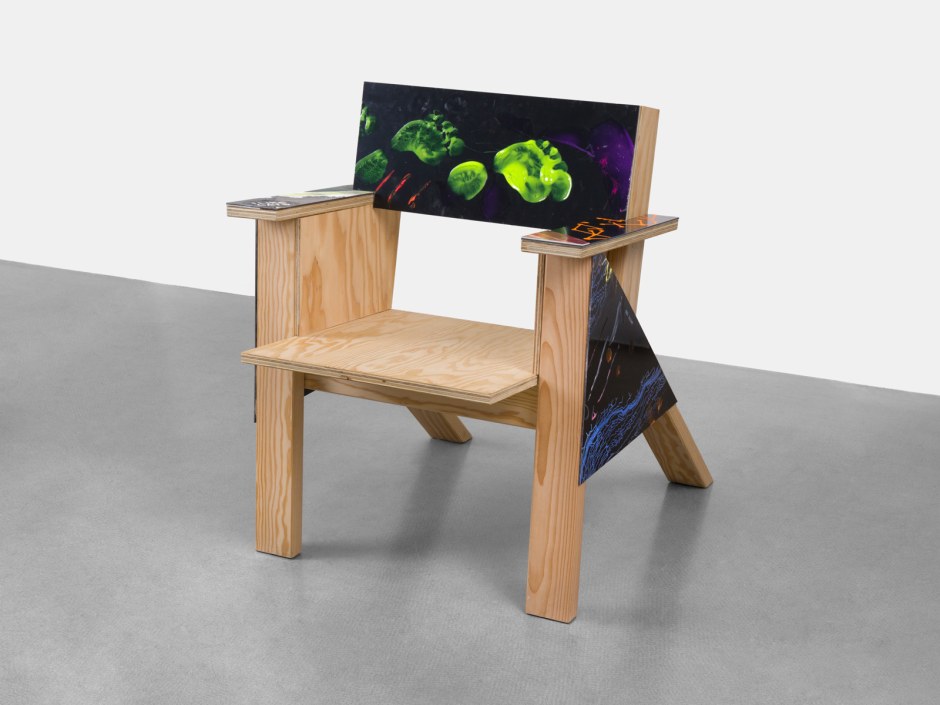 Wasted Footprints, 2024  Signed and dated under seat  Douglas Fir, mixed media on aluminium  86.5 x 70 x 89 cm / 34 x 27 ½ x 35 in