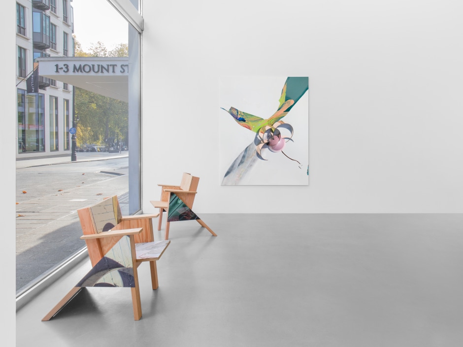 Installation view, Seth Price, Sadie Coles HQ, 1 Davies Street W1, 20 November 2024 - 08 February 2025  © Seth Price. Courtesy the Artist and Sadie Coles HQ, London.  Photo: Arthur Gray