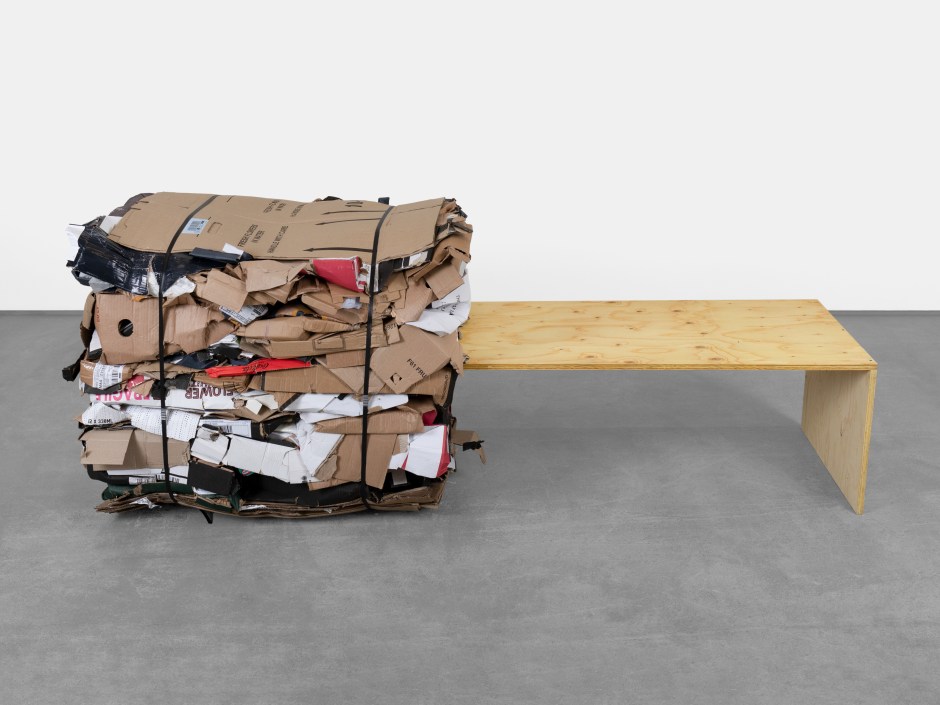 Untitled (M&S), 2024  plywood, cardboard, polypropylene banding  83 x 208 x 90 cm; 32 ⅝ x 81 ⅞ x 35 ⅜ in