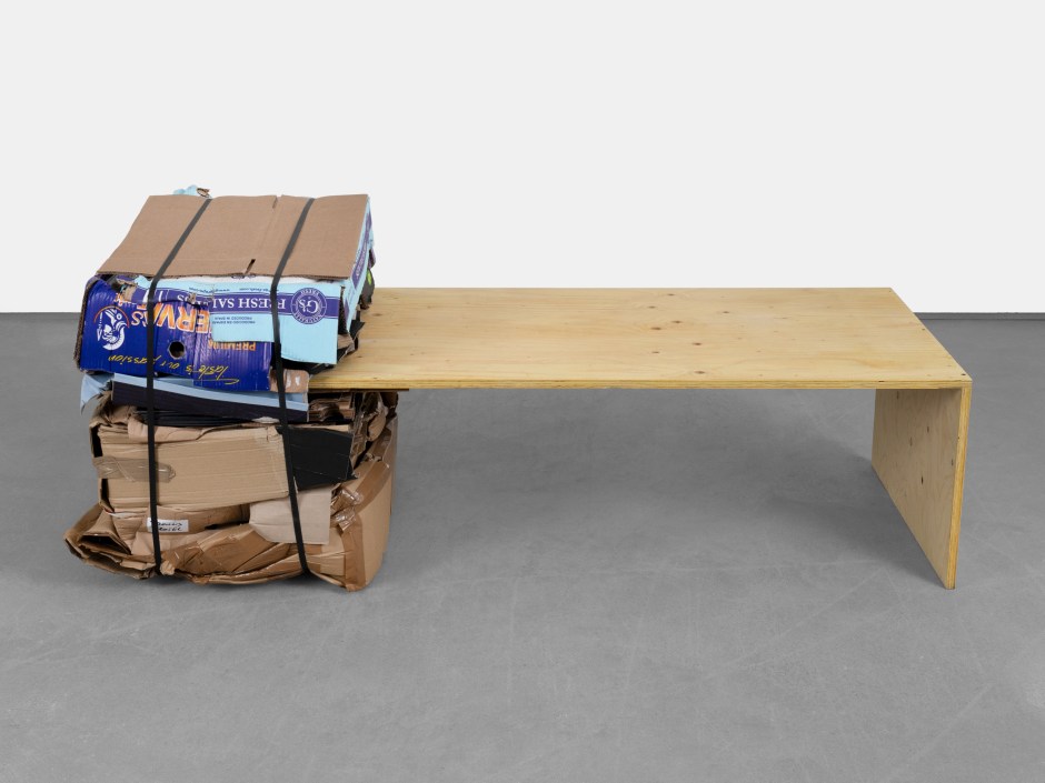 Untitled (Our Passion), 2024  plywood, cardboard, polypropylene banding  69 x 164 x 70 cm / 27 ⅛ x 64 ⅝ x 27 ½ in