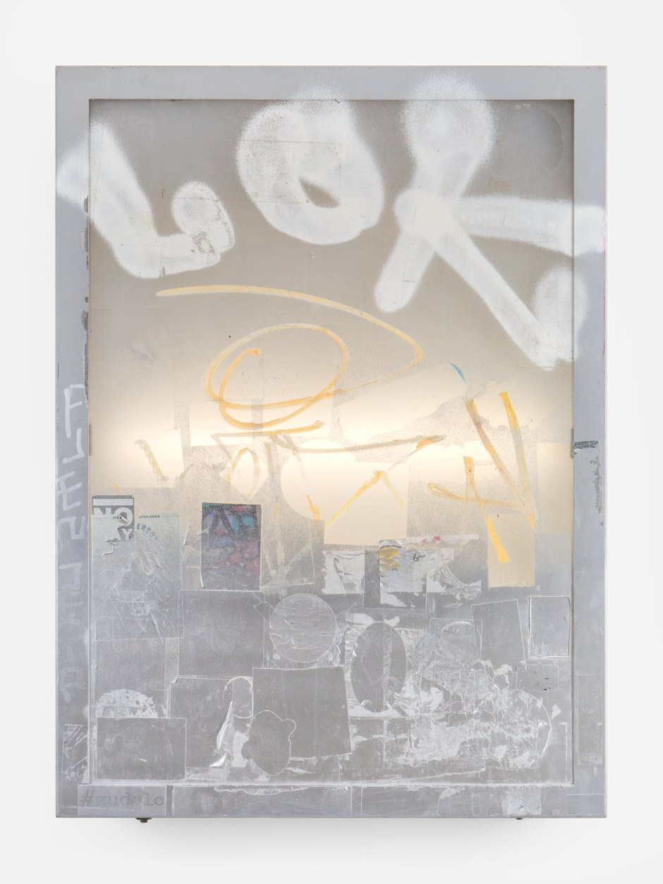 Untitled (Lok), 2024  plastic, aluminium, fluorescent tube, hardware, spray paint  88 x 65 x 16.5 cm / 34 ⅝ x 25 ⅝ x 6 ½ in  © Klara Liden. Courtesy of the Artist and Sadie Coles HQ, London  Photo: Katie Morrison