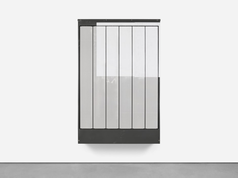 Untitled (Invaliden 1), 2024  rotating highway sign, spray paint, poster, vinyl  195.5 x 129.5 x 28 cm / 77 x 51 x 11 in dur: 8 minutes  © Klara Liden. Courtesy of the Artist and Sadie Coles HQ, London.  Photo: Arthur Gray