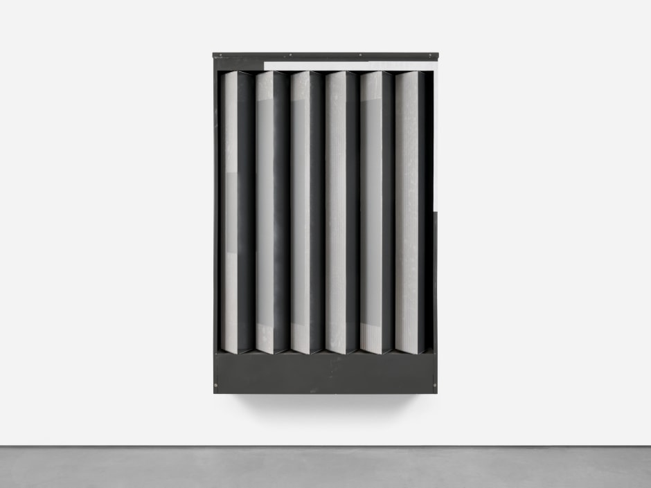Untitled (Invaliden 1), 2024  rotating highway sign, spray paint, poster, vinyl  195.5 x 129.5 x 28 cm / 77 x 51 x 11 in dur: 8 minutes  © Klara Liden. Courtesy of the Artist and Sadie Coles HQ, London.  Photo: Arthur Gray