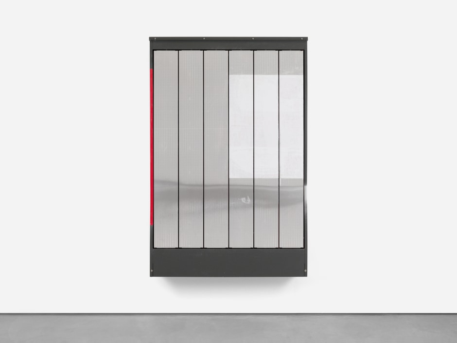 Untitled (Invaliden 2), 2024  rotating highway sign, spray paint, poster, vinyl  195.5 x 129.5 x 28 cm / 77 x 51 x 11 in dur: 4 min  © Klara Liden. Courtesy of the Artist and Sadie Coles HQ, London.  Photo: Arthur Gray