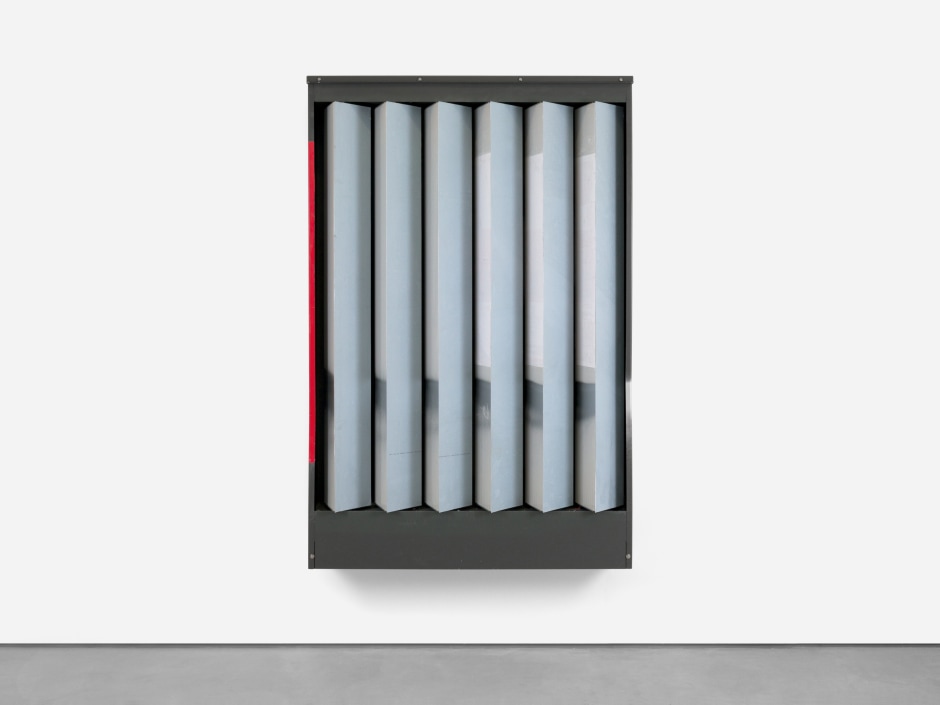 Untitled (Invaliden 2), 2024  rotating highway sign, spray paint, poster, vinyl  195.5 x 129.5 x 28 cm / 77 x 51 x 11 in dur: 4 min  © Klara Liden. Courtesy of the Artist and Sadie Coles HQ, London.  Photo: Arthur Gray