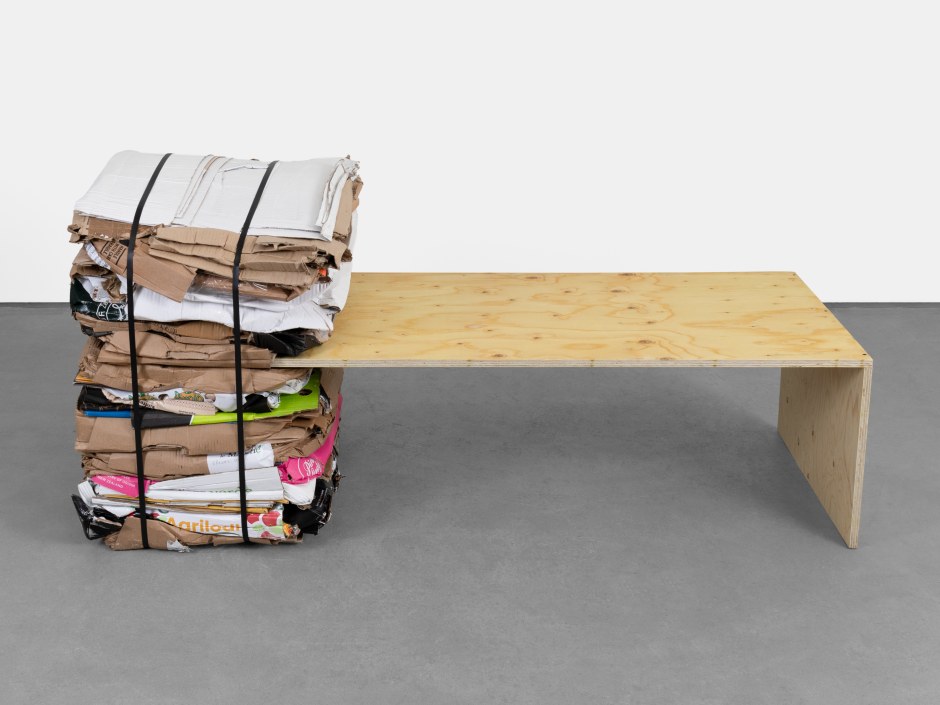 Untitled (Pink Lady), 2024  plywood, cardboard, polypropylene banding  73 x 164 x 68 cm / 28 ¾ x 64 ⅝ x 26 ¾ in
