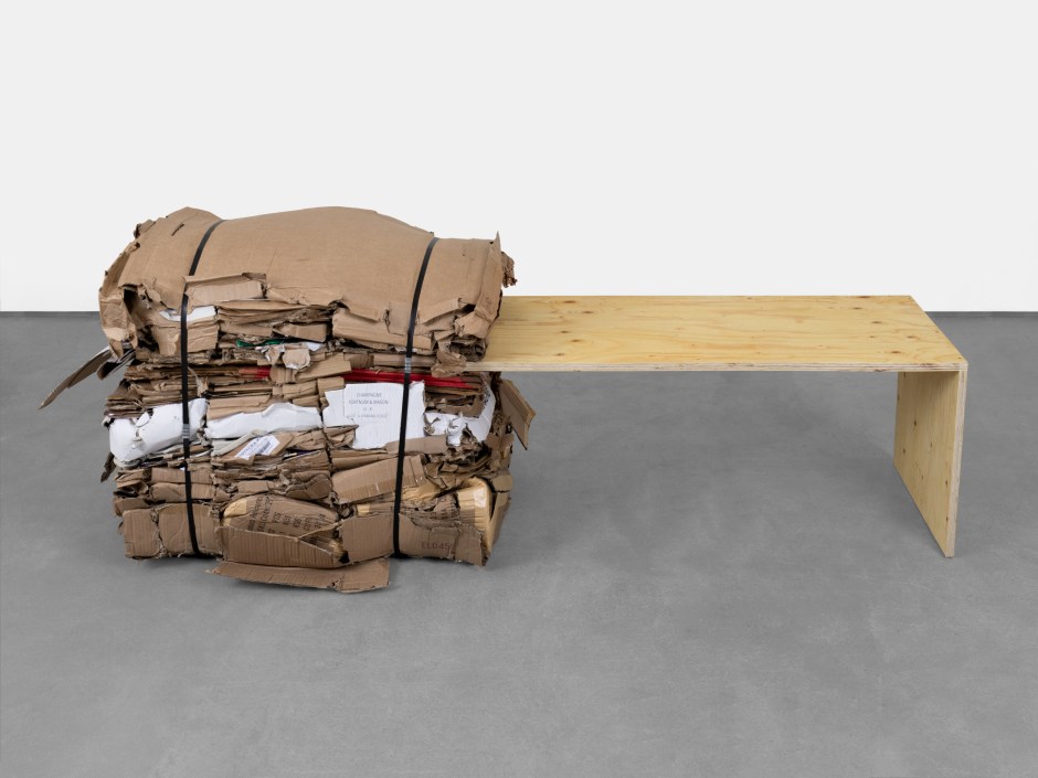 Untitled (Champagne), 2024  plywood, cardboard, polypropylene banding  68 x 197 x 66 cm / 26 ¾ x 77 ½ x 26 in  © Klara Liden. Courtesy of the Artist and Sadie Coles HQ, London.  Photo: Arthur Gray