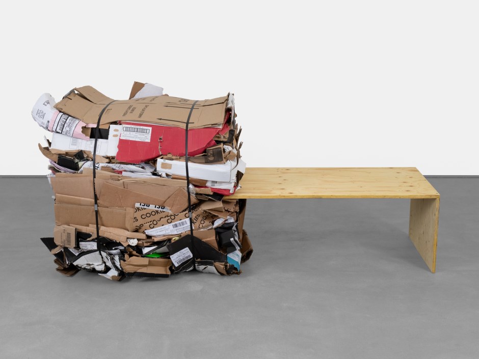 Untitled (Cookies), 2024  plywood, cardboard, polypropylene banding  98.5 x 207 x 84 cm / 38 ¾ x 81 ½ x 33 ⅛ in  © Klara Liden. Courtesy of the Artist and Sadie Coles HQ, London.  Photo: Arthur Gray