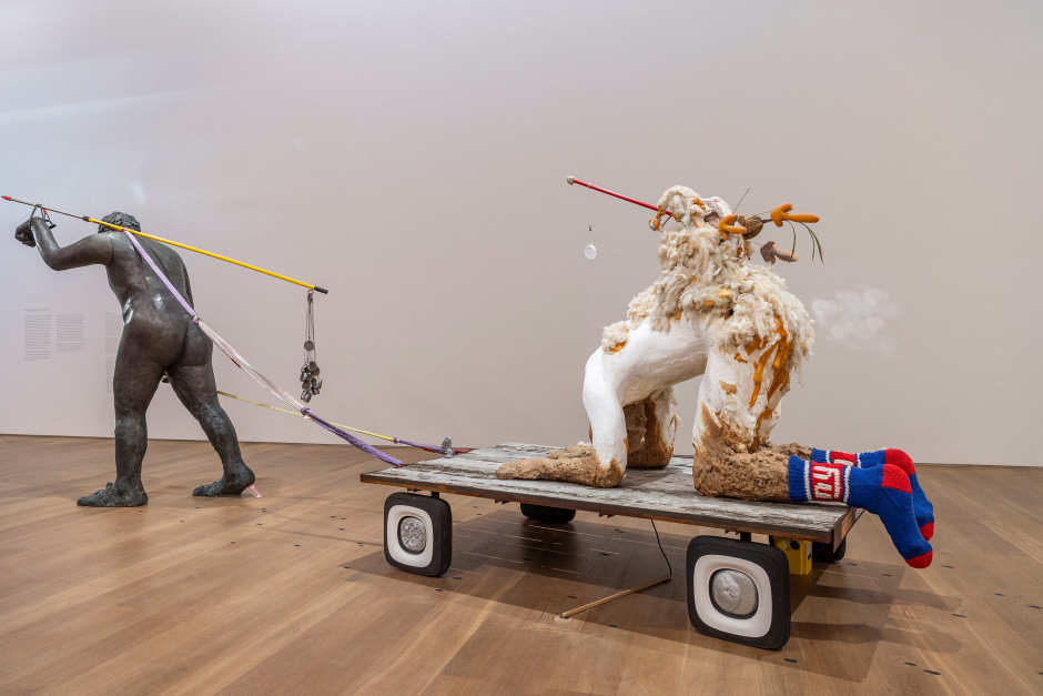 Installation view, Nicole Eisenman, What Happened, Museum Brandhorst, Munich, Germany, 24 March – 10 September 2023  © Nicole Eisenman. Courtesy the Artist and Bayerische Staatsgemäldesammlungen, Museum Brandhorst, Munich.  Photo: Margarita Platis