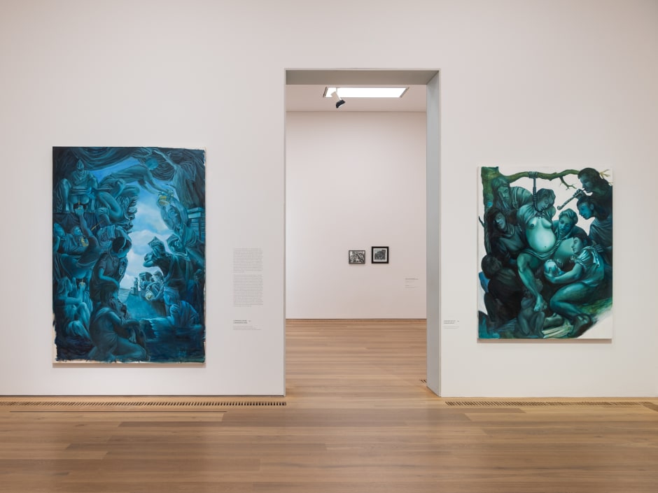 Installation view, Nicole Eisenman, What Happened, Museum Brandhorst, Munich, Germany, 24 March – 10 September 2023  © Nicole Eisenman. Courtesy the Artist and Bayerische Staatsgemäldesammlungen, Museum Brandhorst, Munich.  Photo: Margarita Platis