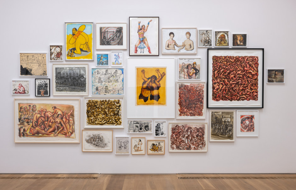 Installation view, Nicole Eisenman, What Happened, Museum Brandhorst, Munich, Germany, 24 March – 10 September 2023  © Nicole Eisenman. Courtesy the Artist and Bayerische Staatsgemäldesammlungen, Museum Brandhorst, Munich.  Photo: Margarita Platis