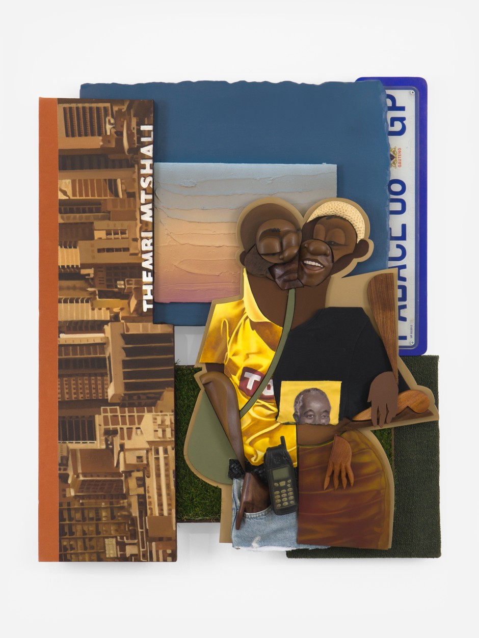 Sammy and Boipelo, 2025  bass, jelutong, pine, walnut, African mahogany, black wenge, pine ply, greenheart, modeling paste, oil, aerosol paint, acrylic, artificial grass, cellphone, leather belt, denim, acrylic number plate  95.2 x 79.7 x 11 cm / 37 ½ x 31 ⅜ x 4 ⅜ in.  © Dada Khanyisa. Courtesy the Artist and Sadie Coles HQ, London.  Photo: Katie Morrison
