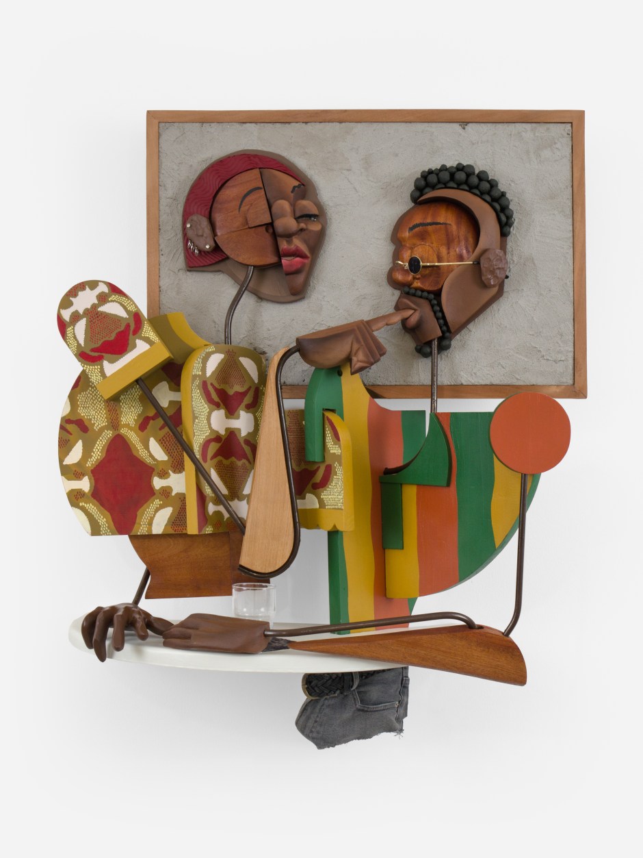 Folie à Deux at Babbi, 2024  African mahogany, jelutong, epoxy clay, dowels, modelling paste, steel, glass, resin, pinewood, beech, oak, cement, paint, found objects, textile  99 x 82 x 42 cm / 39 x 32 ¼ x 16 ½ in.  © Dada Khanyisa. Courtesy the Artist and Sadie Coles HQ, London.  Photo: Katie Morrison