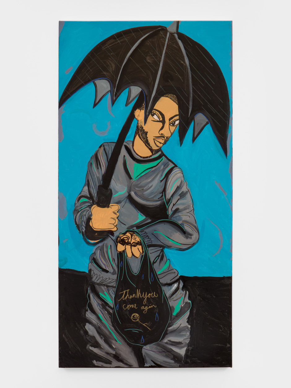 Wet Shopping Bag, 2025  acrylic paint, marker, oil stick and colour pencil on canvas  182.9 x 91.4 cm / 72 x 36 in
