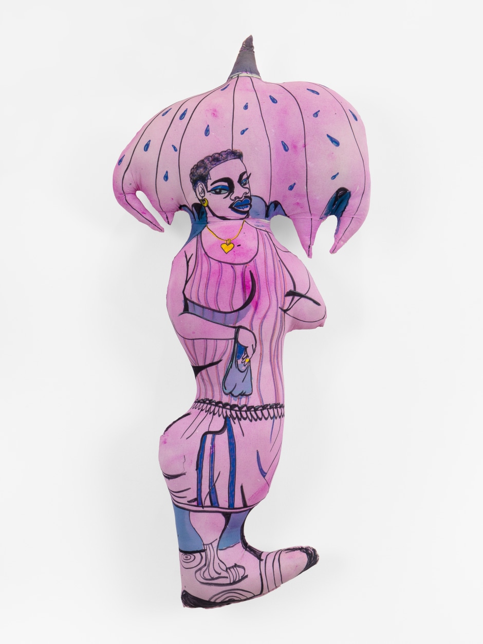 Wet Feet, 2025  polyfill, acrylic paint, colour pencil, marker, thread on muslin  109.2 x 61 x 25.4 cm / 43 x 24 x 10 in