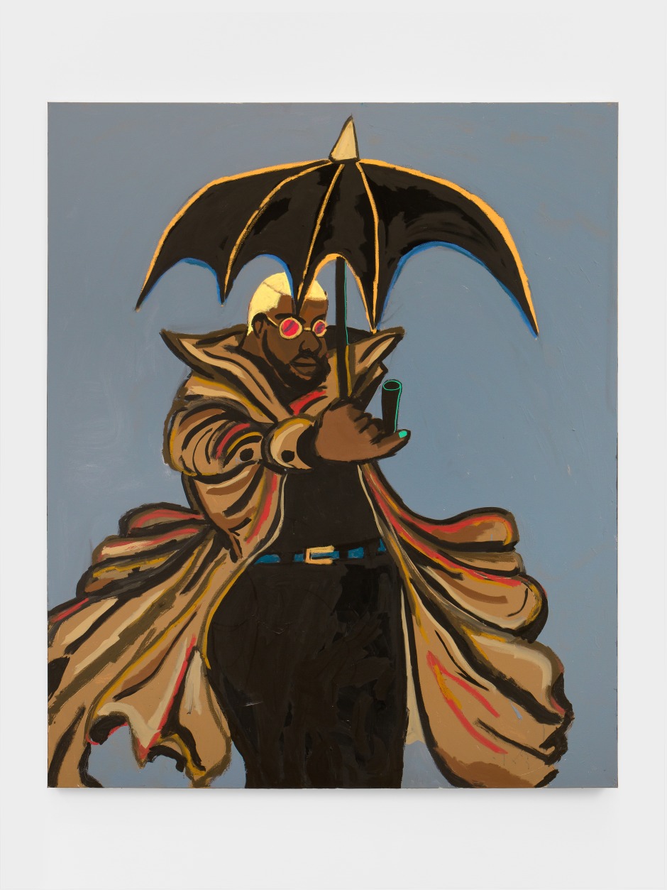The Coat and the Umbrella, 2025  acrylic paint, marker, oil stick and colour pencil on canvas  182.9 x 152.4 cm / 72 x 60 in