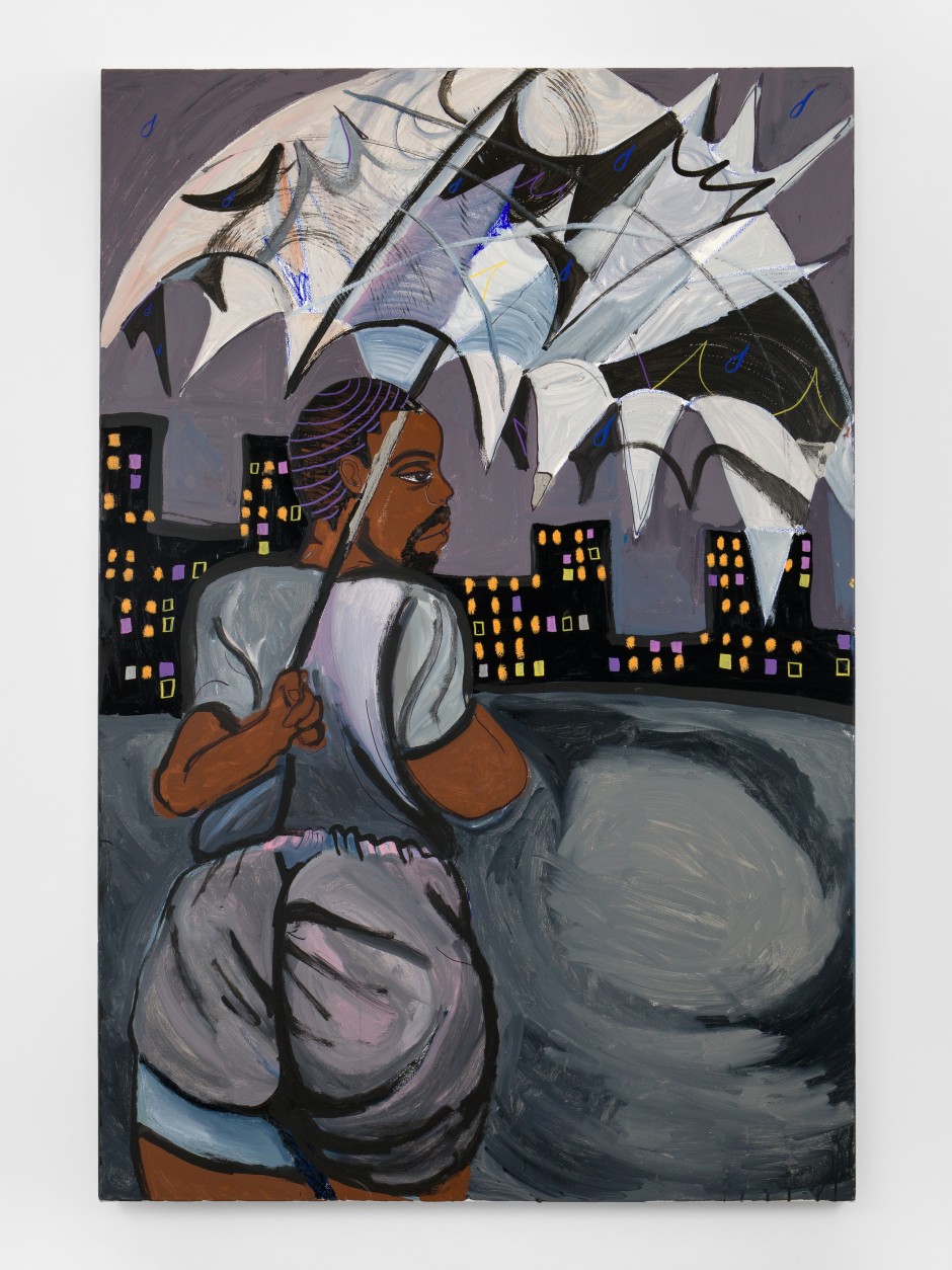 Umbrella Captured in Stormy Wind 2025  acrylic paint, marker, oil stick and crayon on canvas 182.9 x 121.9 cm / 72 x 48 in