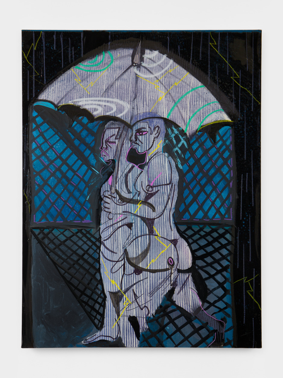 Wet Fence, 2025  marker, colour pencil and oil stick on canvas  101.6 x 76.2 cm / 40 x 30 in