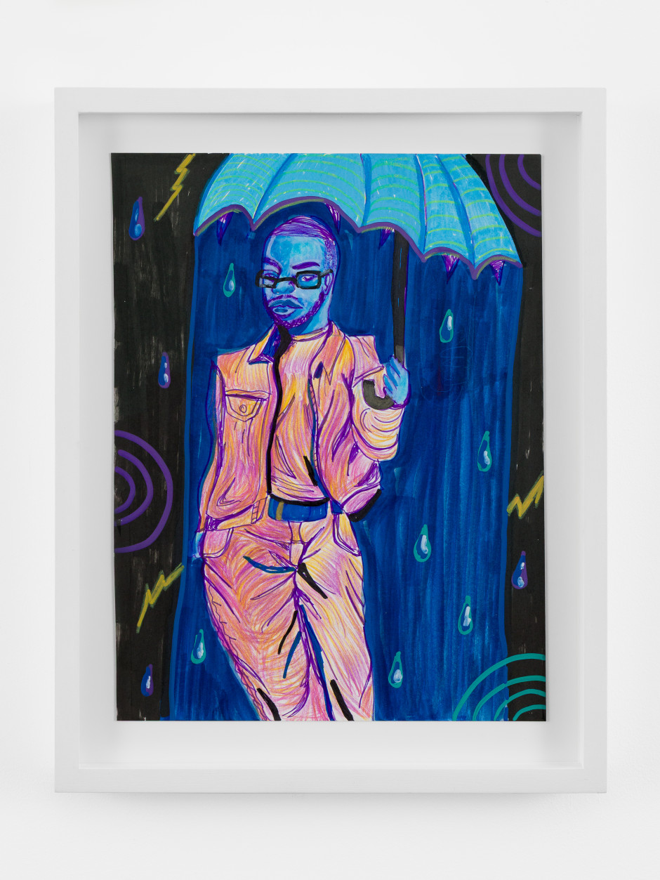 William with Wet Umbrella, 2025  colour pencil and marker on paper  Site size: 30.5 x 22.9 cm / 12 x 9 in. Frame size: 37 x 29.5 x 4 cm / 14 ⅝ x 11 ⅝ x 1 ⅝ in.