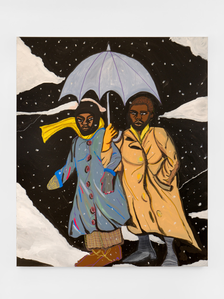 Cold Umbrella and Gentle Snow Fall, 2025  acrylic paint, marker, oil stick and colour pencil on canvas  182.9 x 152.4 cm / 72 x 60 in.