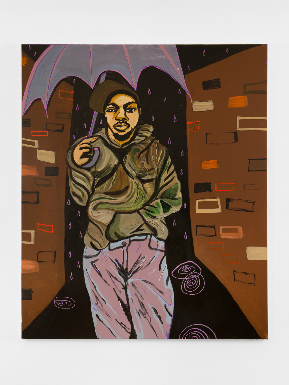 Man in Rainy Alley 2025  acrylic paint, marker and oil stick on canvas  182.9 x 152.4 cm / 72 x 60 in
