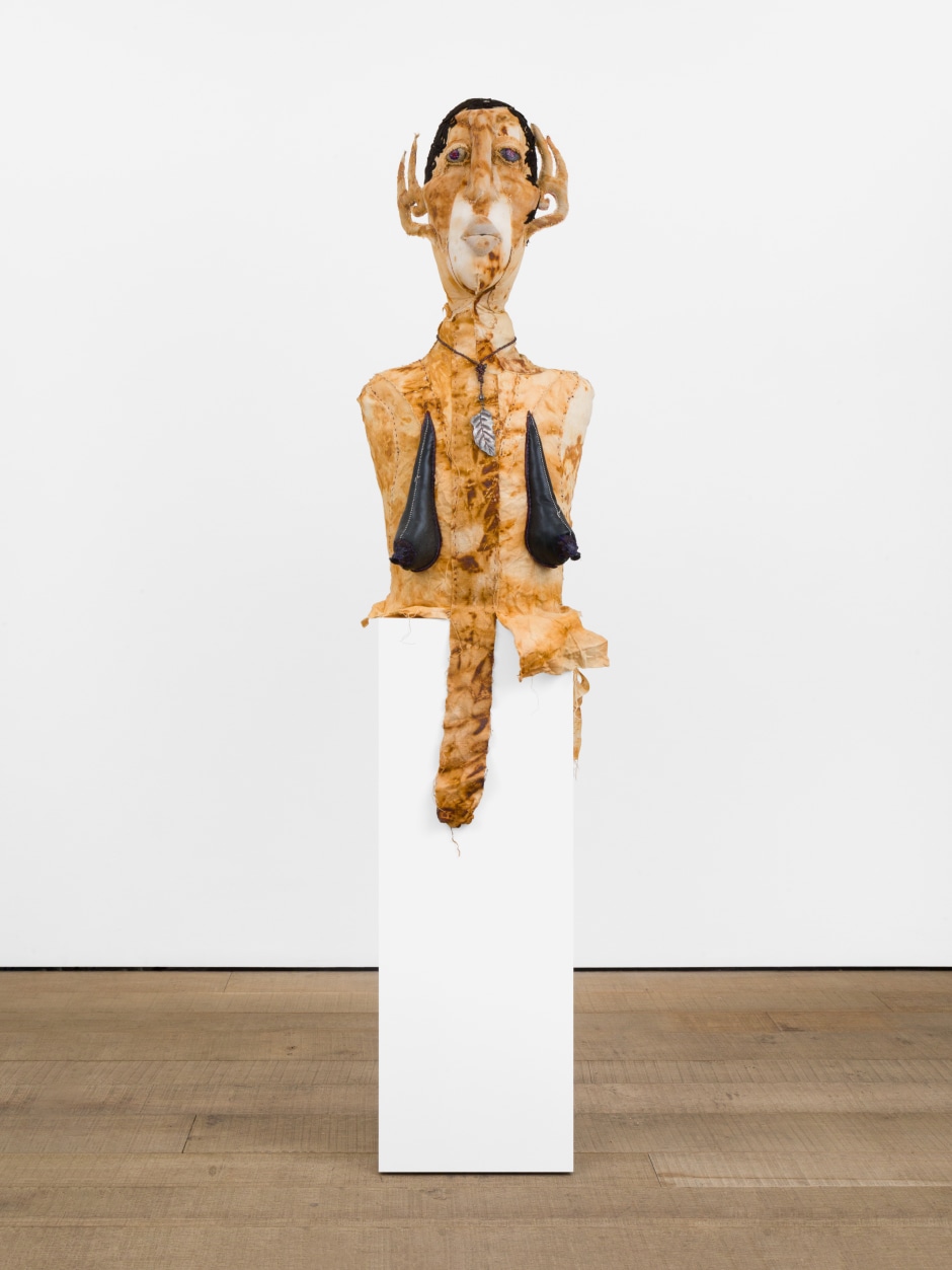 Tau Lewis  Venus in Pisces, 2025  Not signed or dated  steel, enamel paint, repurposed leather, suede, and fabric, leather dye, acrylic paint and finisher, found metal objects, stones, coated nylon thread  Bust: 151 x 40 x 34 cm / 59 ½ x 15 ¾ x 13 ⅜ in. Plinth: 86.5 x 30.5 x 25.5 cm / 34 x 12 x 10 in. Overall size: 172 x 40 x 34 cm / 67 ¾ x 15 ¾ x 13 ⅜ in.