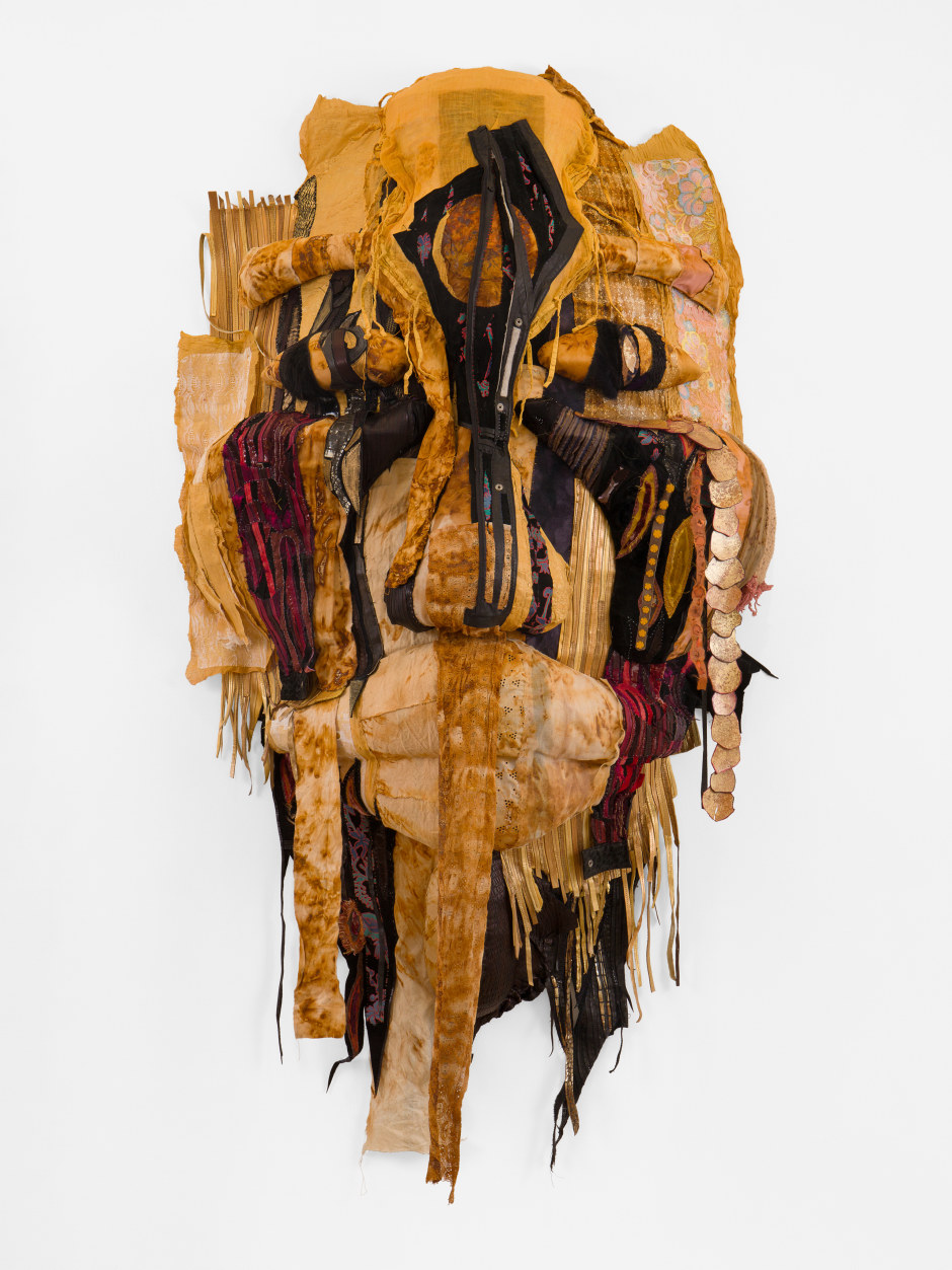 Tau Lewis  Angels covering the horizon like a garment, 2025  Not signed or dated  steel, enamel paint, repurposed leather, suede, and fabric, leather dye, acrylic paint and finisher, assorted beads, coated nylon thread  198 x 110 x 36 cm / 78 x 43 ¼ x 14 ⅛ in.