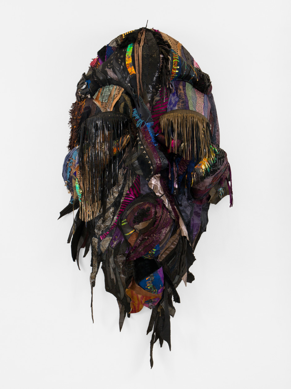 Tau Lewis  The joy of wild beasts, 2025  Not signed or dated  steel, enamel paint, repurposed leather, suede, and fabric, leather dye, acrylic paint and finisher, assorted beads, coated nylon thread  207 x 102 x 34 cm / 81 ½ x 40 ⅛ x 13 ⅜ in.